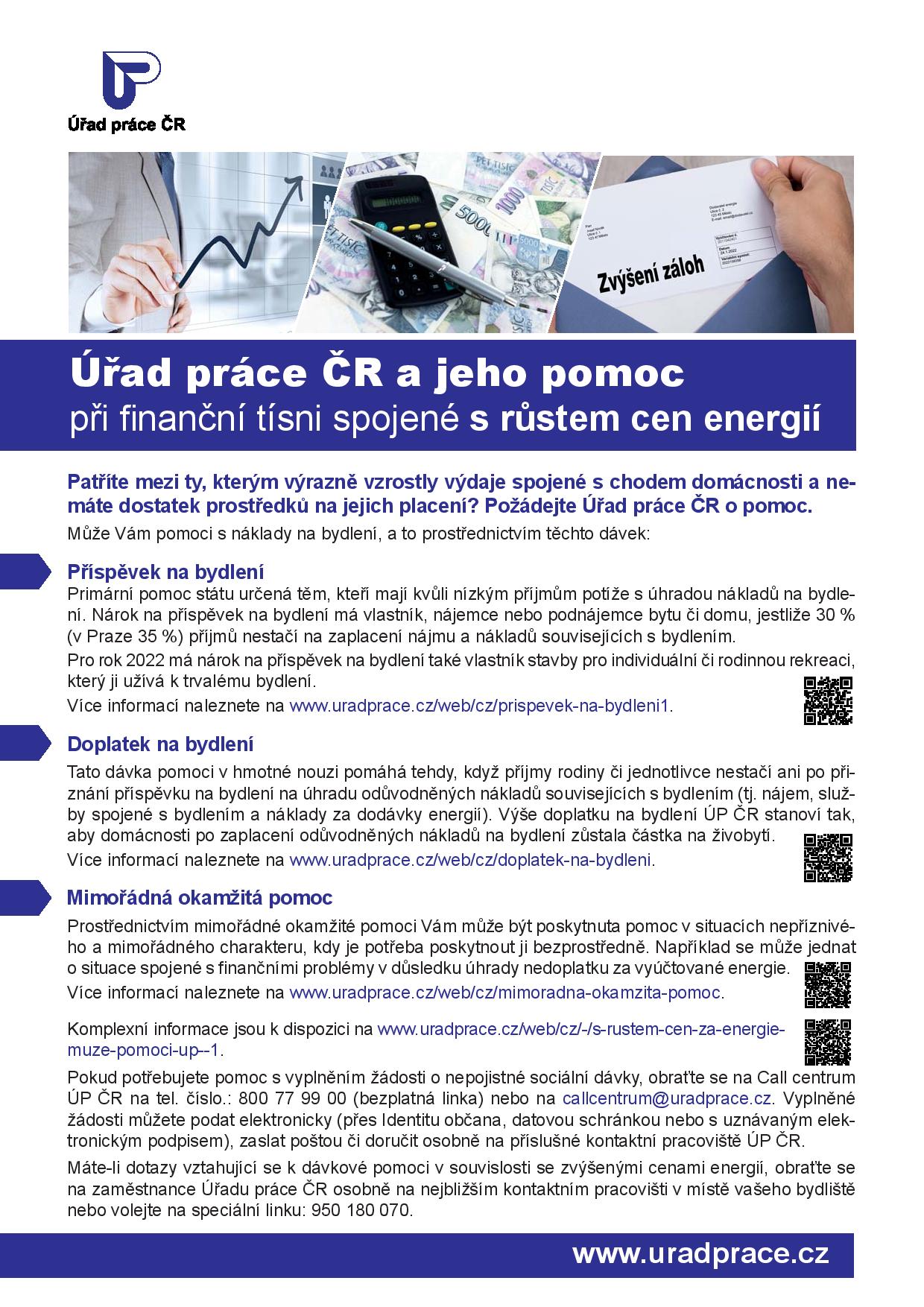 Informace o pomoci Úřadu práce ČR s řešením finanční tísni spojené s růstem cen energií
